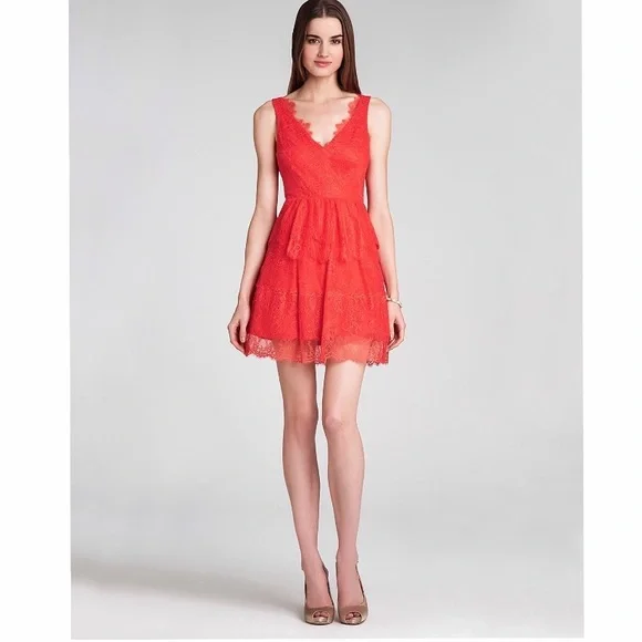 BCBGMaxAzria | Dresses | Bcbg Maxazria Willa Bright Poppy Coral Red Tiered  Lace Dress | Poshmark